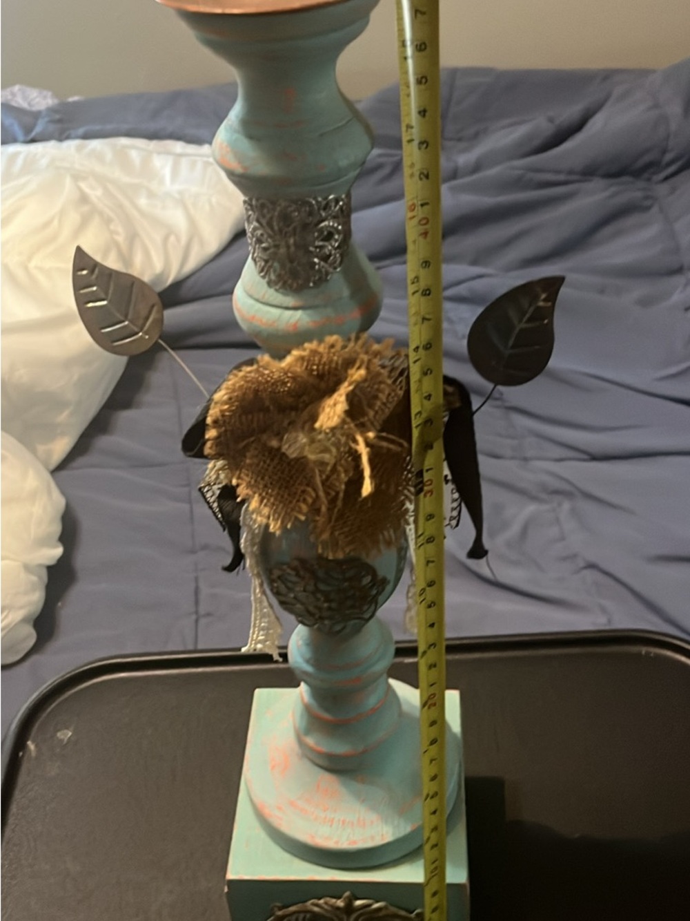 Distressed Turquoise Wooden Candle Holder with Burlap Flower and Metal Leaves